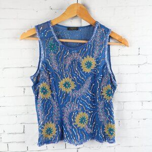 SHINE NEW YORK BLUE SLEEVELESS SHEER EMBROIDERED & SEQUIN CROP TOP SIZE SMALL